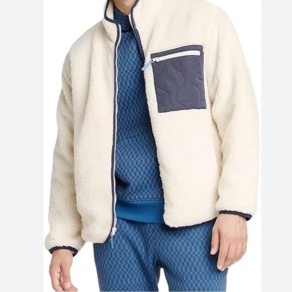 Goodfellow & Co Cream Sherpa Jacket with Navy Blue Pocket unisex XXL - Picture 1 of 12